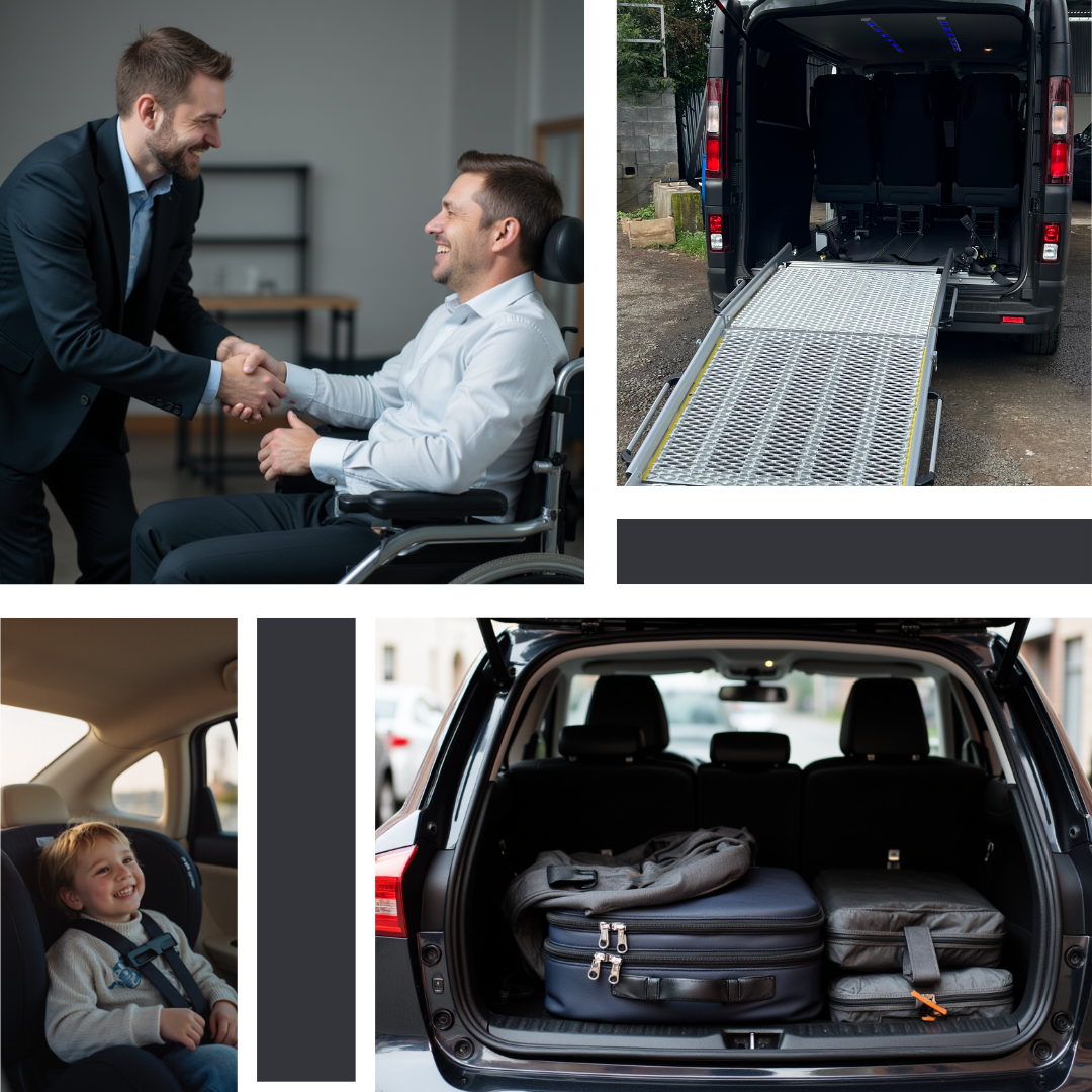 Image 1: Personne à mobilité réduite serrant la main d'un chauffeur de taxi.
Image 2: Image de la rampe du véhicule pour les personnes à mobilités réduites.
Image 3: Image d'un enfant dans son siège enfant
Image 4: photographie d'un coffre spacieux qui peut accueillir de nombreux bagages.